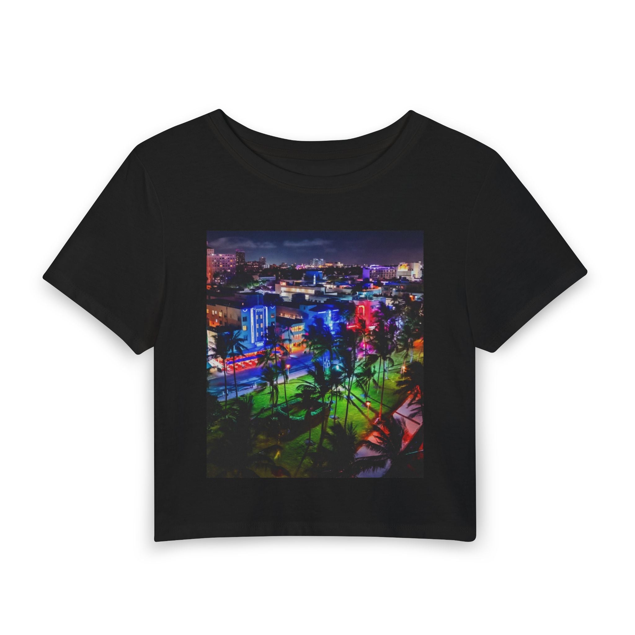Neon Beach Night Women's Baby Tee — Retro Cityscape Crop Top
